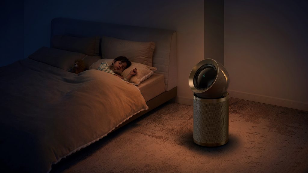 Dreame air purifier operating quietly while a child sleeps, ensuring good air quality for rest.