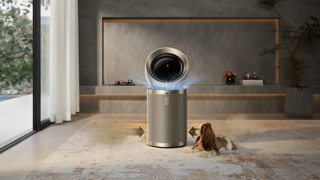 Air purifier with a pet nearby, illustrating how it draws in air for cleaning, beneficial for pet owners.