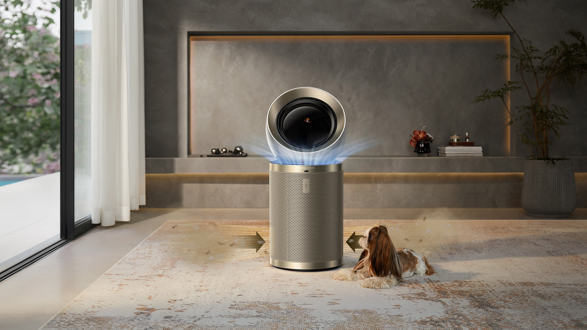 Air purifier with a pet nearby, illustrating how it draws in air for cleaning, beneficial for pet owners.
