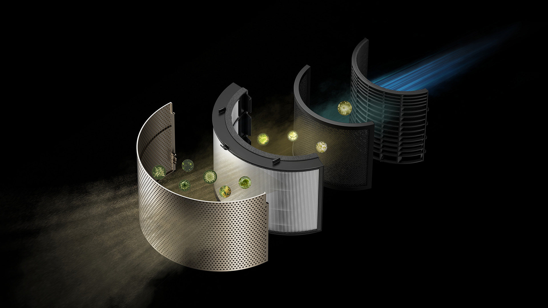 Exploded view showing the multi-layered filtration system of an air purifier, including HEPA and carbon filters.