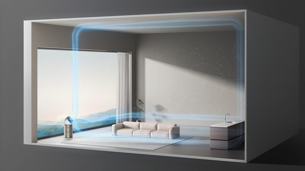 3D diagram illustrating how an air purifier circulates and cleans air throughout an entire room.