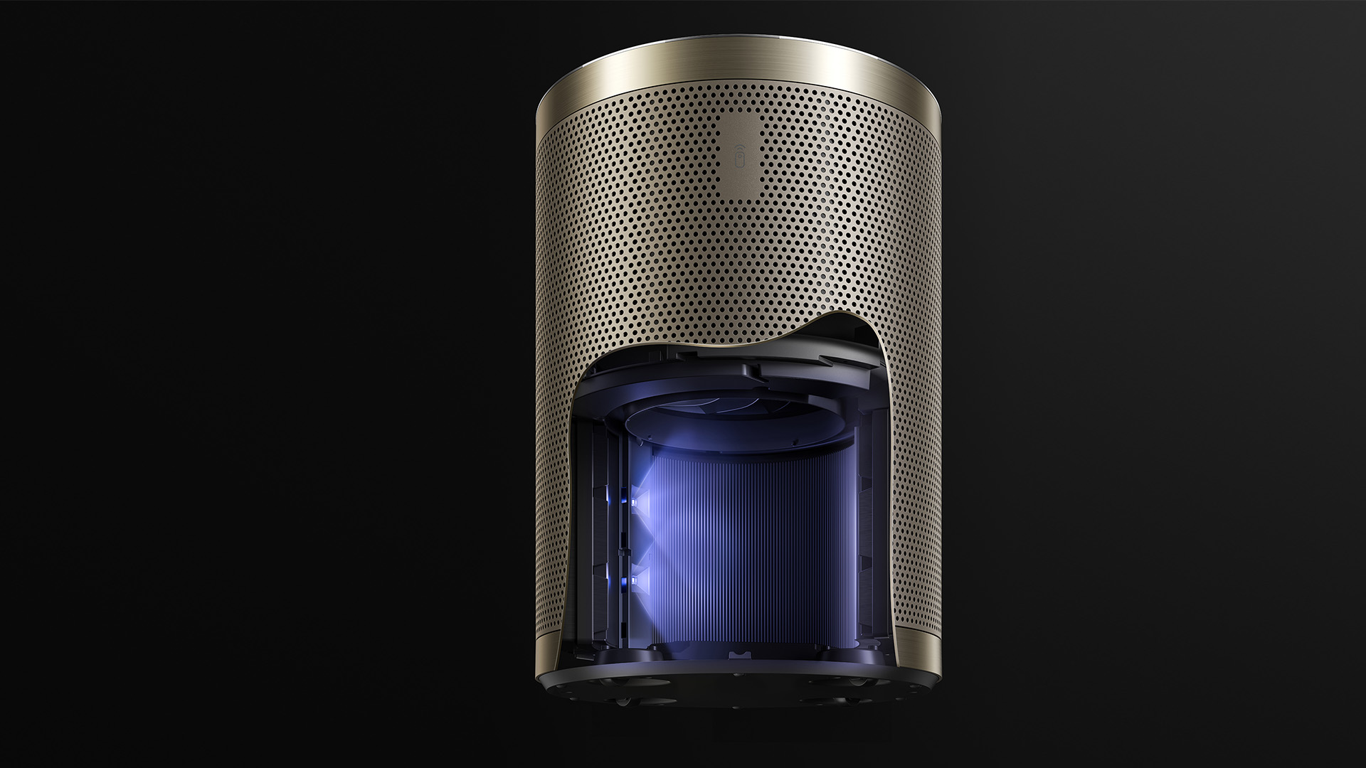 Cutaway view showing the internal filtration system of an air purifier with blue light indicating cleaning technology.