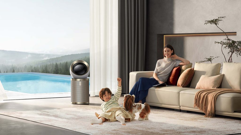 Family and pet enjoying clean air with a air purifier in a modern living room.