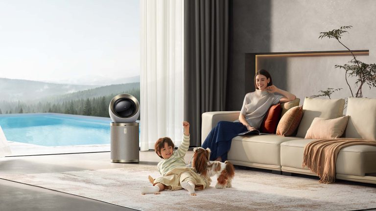 Family and pet enjoying clean air with a air purifier in a modern living room.