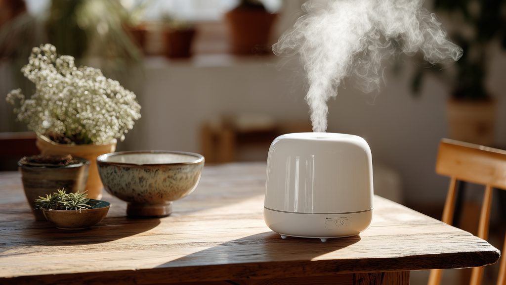 A white humidifier is placed on the corner of a table.