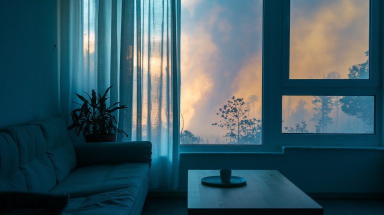 a living scene inside a house, and the scene outside the window contains thick smoke or haze, showcasing PM 2.5