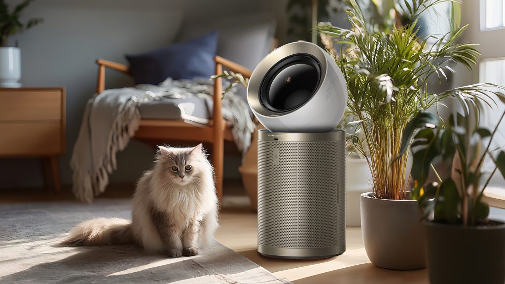 A cat sitting near an air purifier in a living room, illustrating the effectiveness of air purifiers in capturing pet dander and hair from cats.