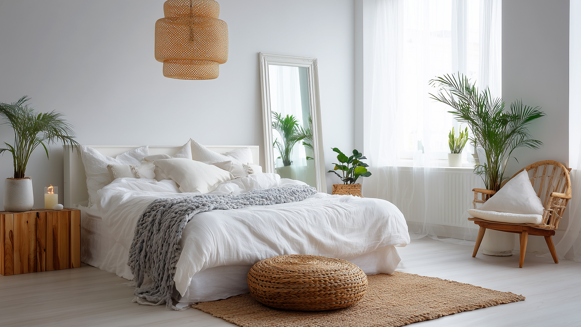 A clean, bright, and airy bedroom with white bedding, natural light, and green plants, creating a healthy and comfortable sleeping environment.
