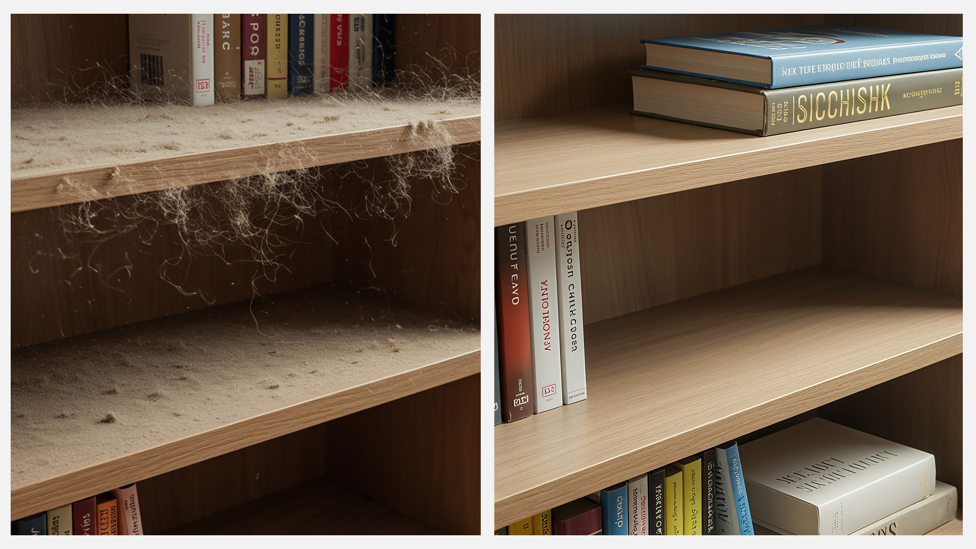 Before and after comparison of a bookshelf, showing a thick layer of dust on the left shelf and a perfectly clean shelf on the right, demonstrating the effect of dust reduction with an air purifier.