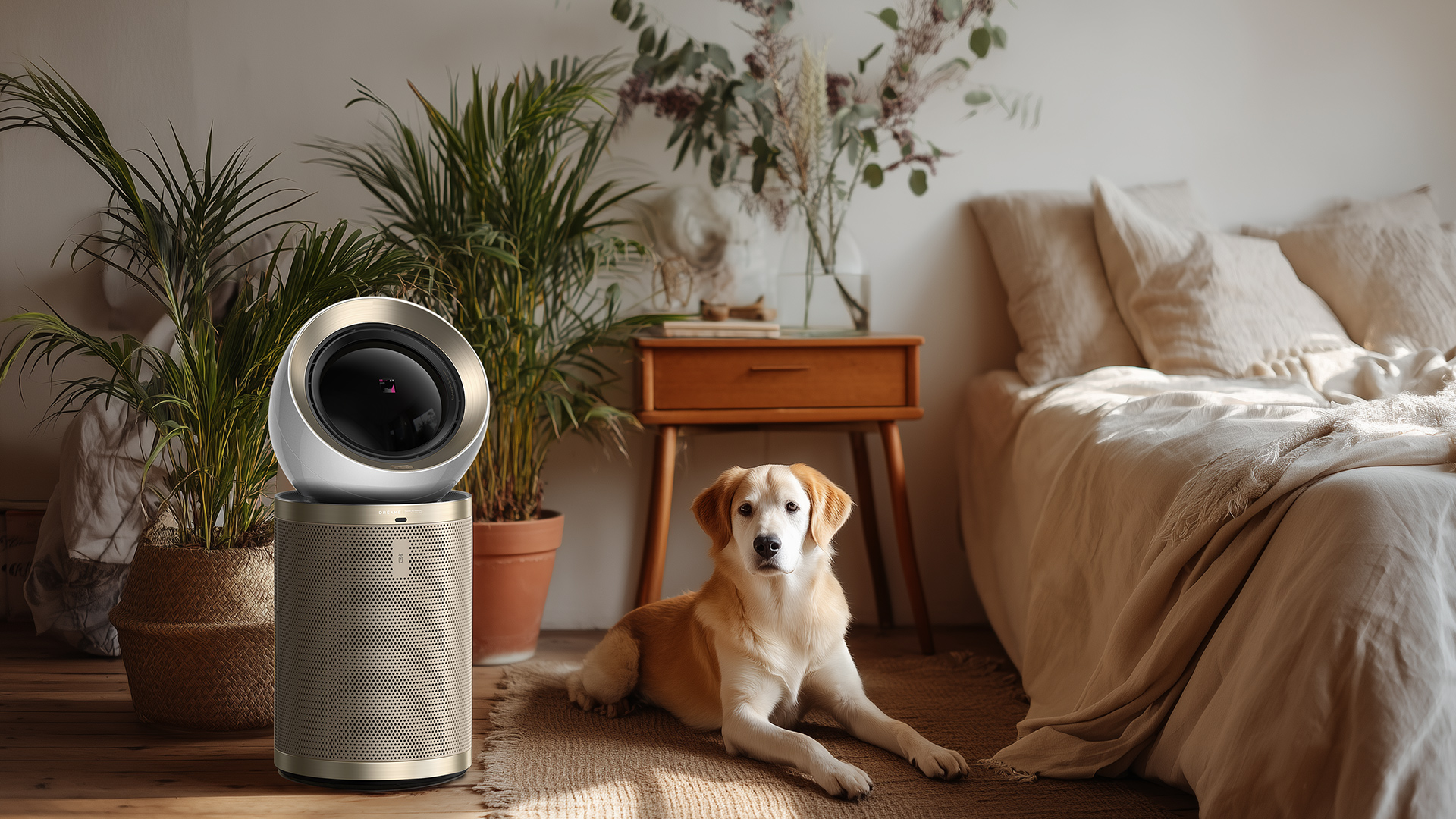 A golden retriever resting next to an air purifier in a bedroom.