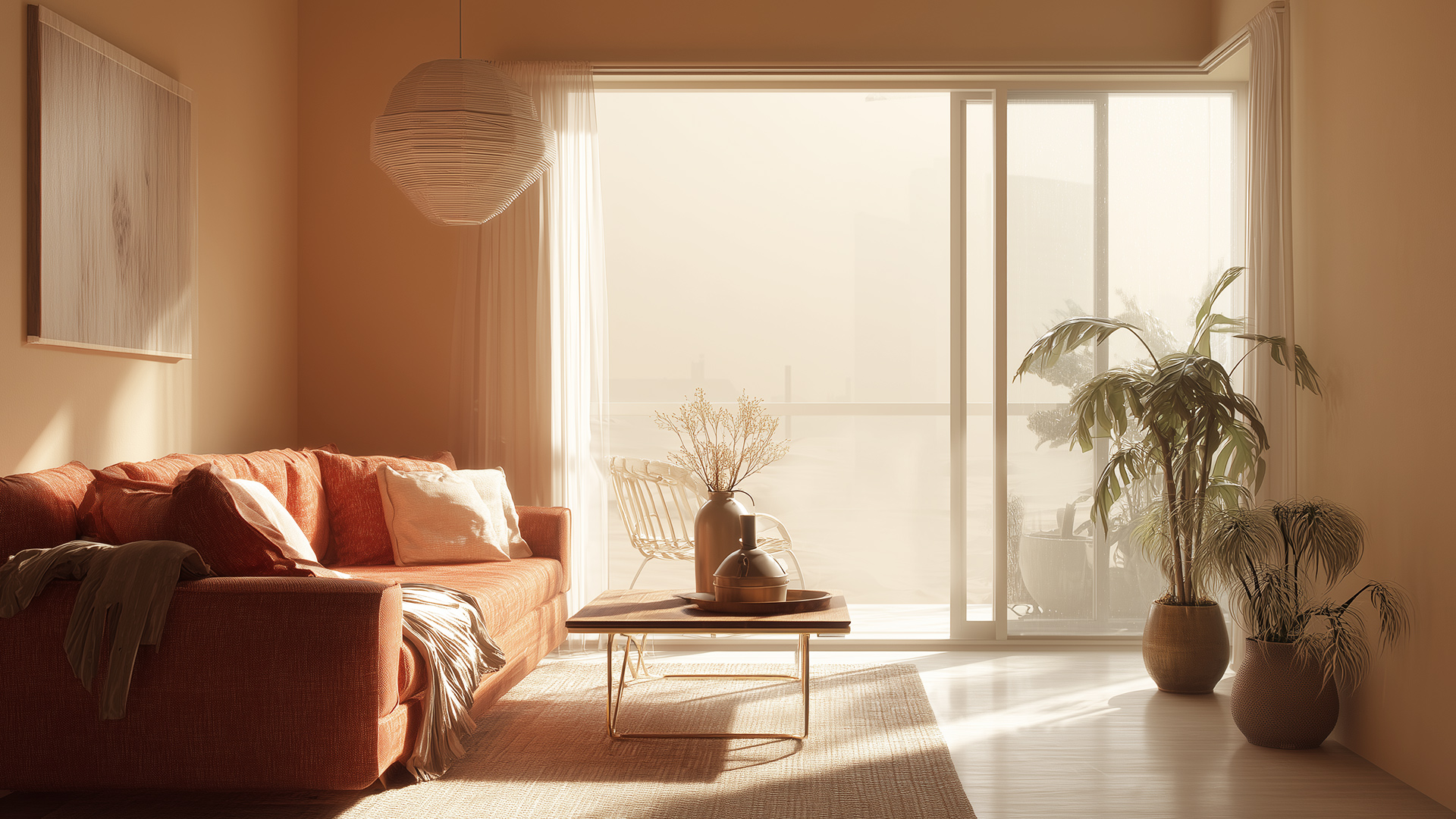 a living scene inside a house, and the scene outside the window contains thick smoke or haze, showcasing PM2.5