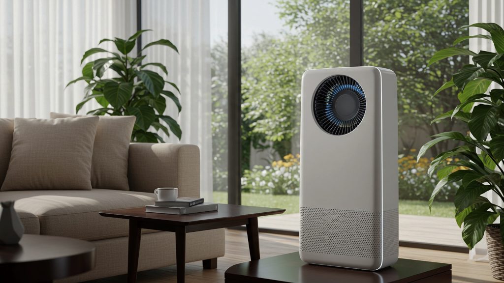 An air cleaner with a circular fan stands on a table in a living room.