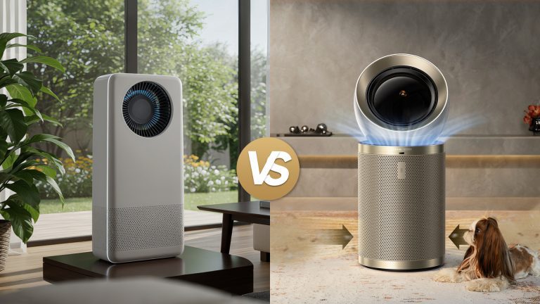 A comparison image showing a gray air cleaner next to a gold air purifier with a dog.