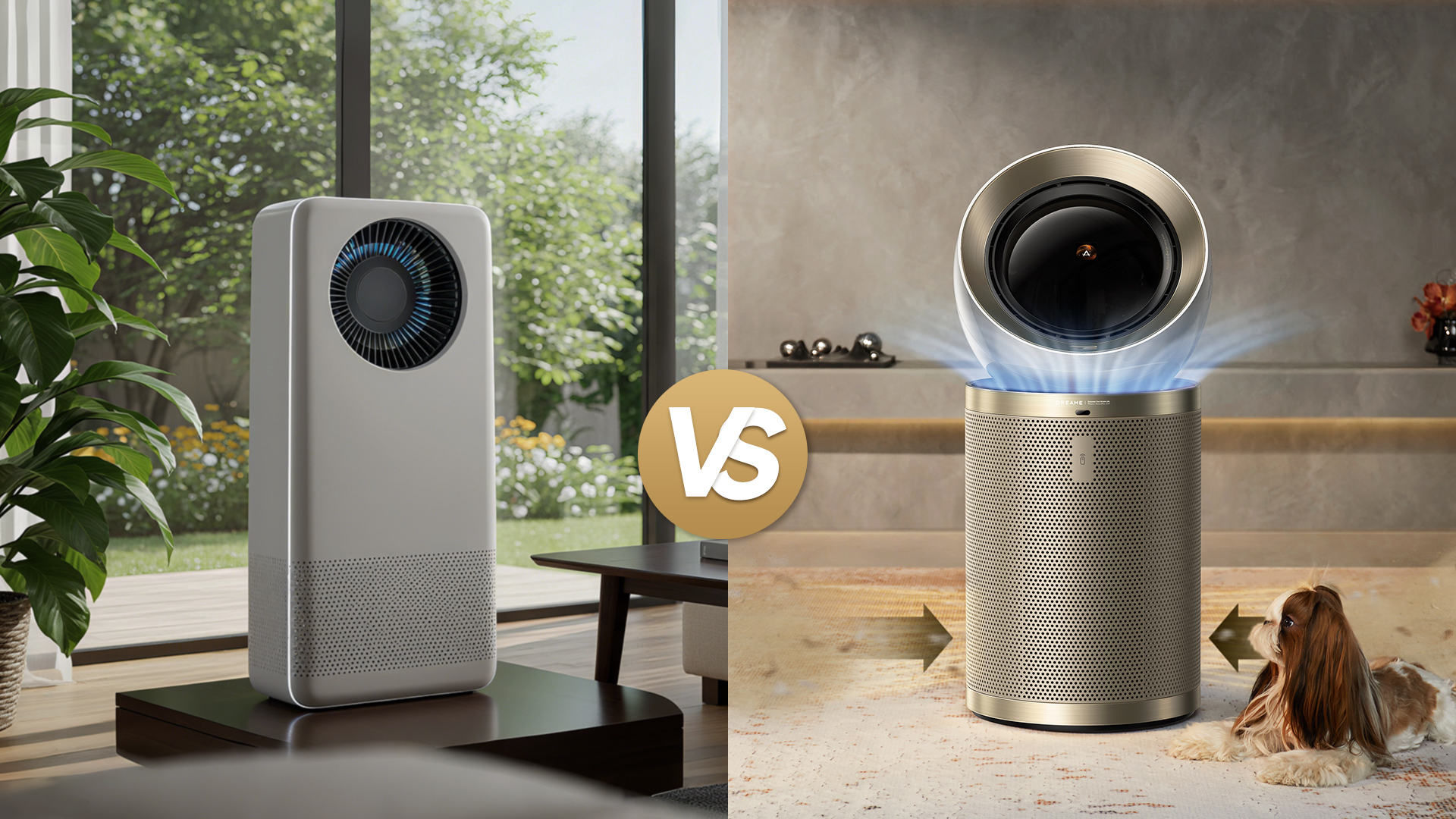 A comparison image showing a gray air cleaner next to a gold air purifier with a dog.