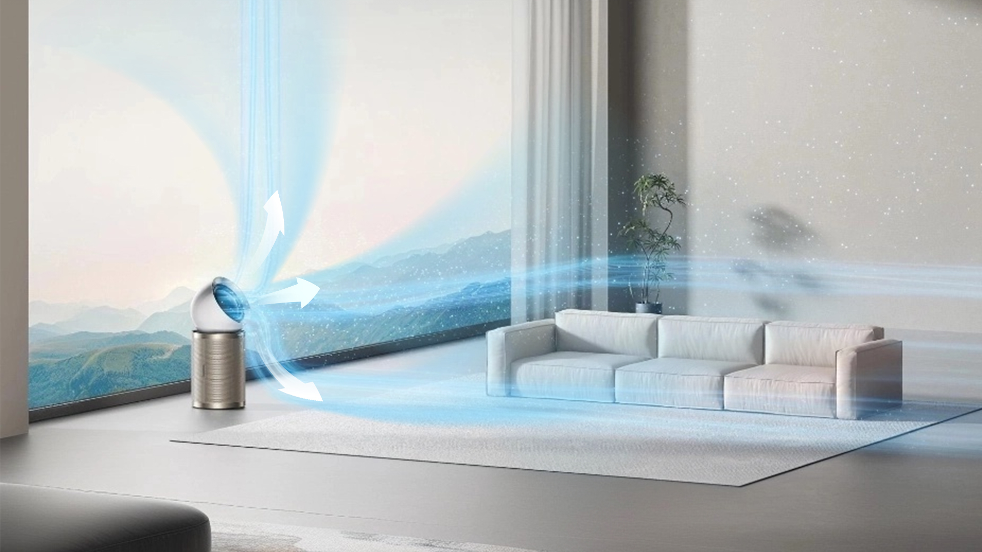 Air purifier circulating clean air in a modern living room.
