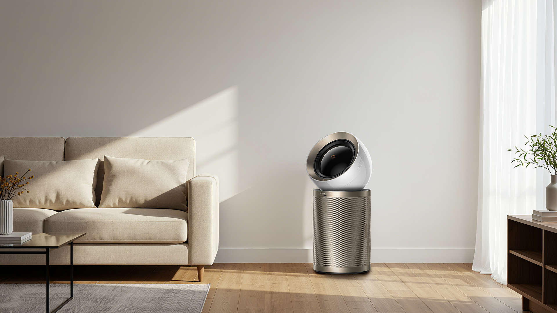an air purifier stands in a living room