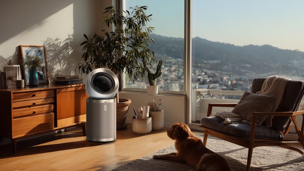 An air purifier placed in a modern living room, demonstrating effective air purification in a high-traffic area.