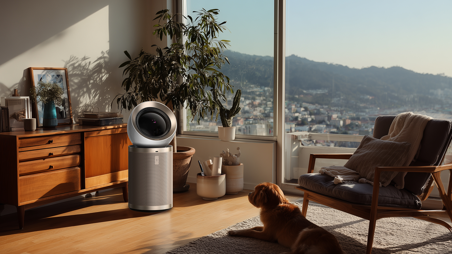 An air purifier placed in a modern living room, demonstrating effective air purification in a high-traffic area.