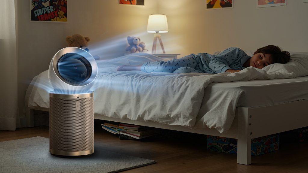 an air purifier running in a bedroom