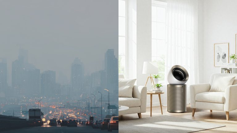 City filled with smog on left and clean indoor air with air purifier on right, showing contrast in air quality.