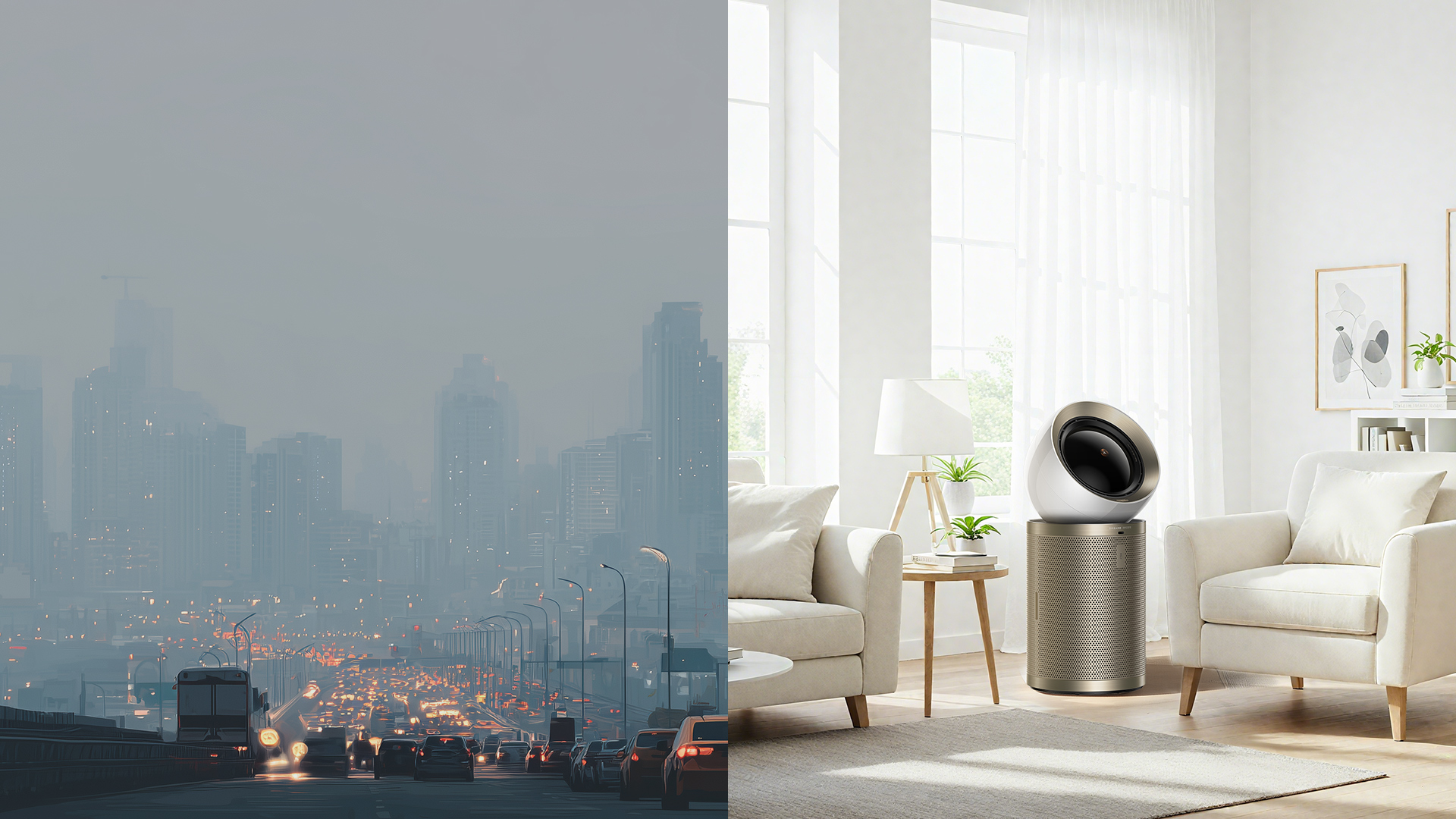 City filled with smog on left and clean indoor air with air purifier on right, showing contrast in air quality.