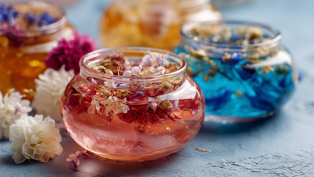 Jars with colored water and dried flowers for air freshening.