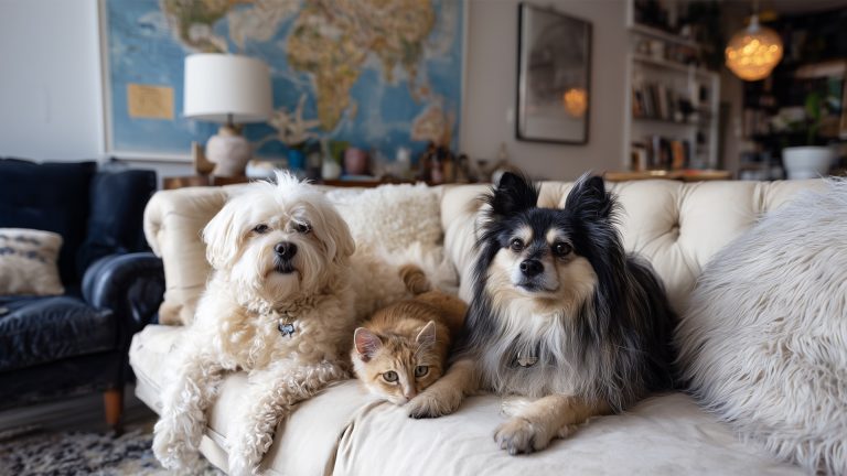 A group of pets, including two dogs and a cat, resting on a couch, illustrating a common home scenario with pet odor challenges.