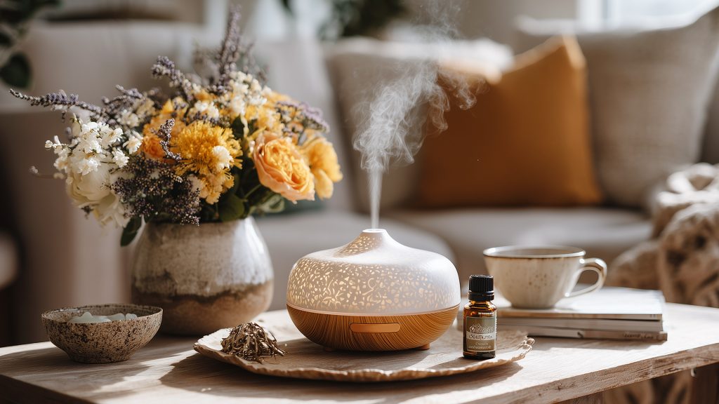 Essential oil diffuser with flowers on a coffee table.