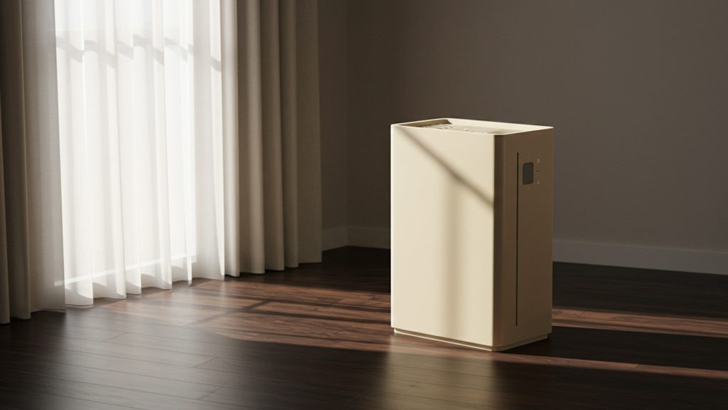 A filterless air purifier on the floor.