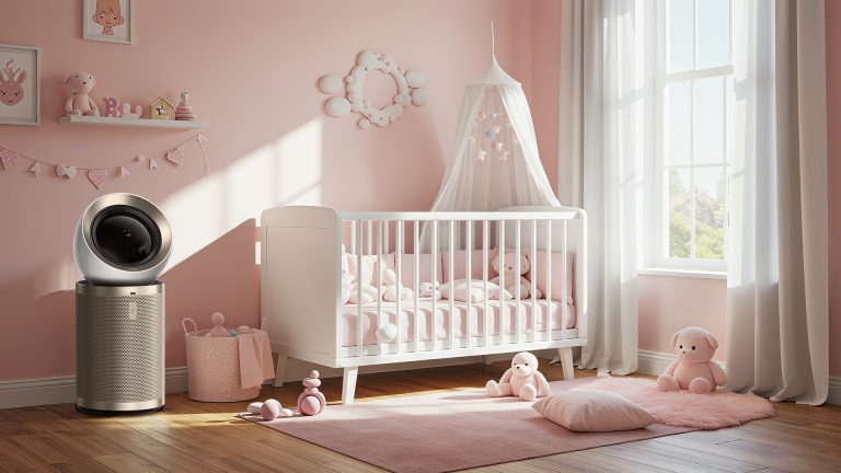 Air purifier beside crib in pink baby nursery.