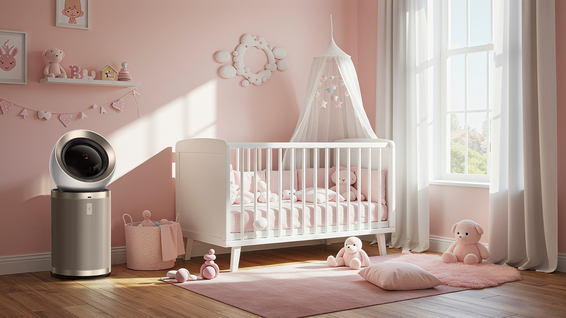 Air purifier beside crib in pink baby nursery.
