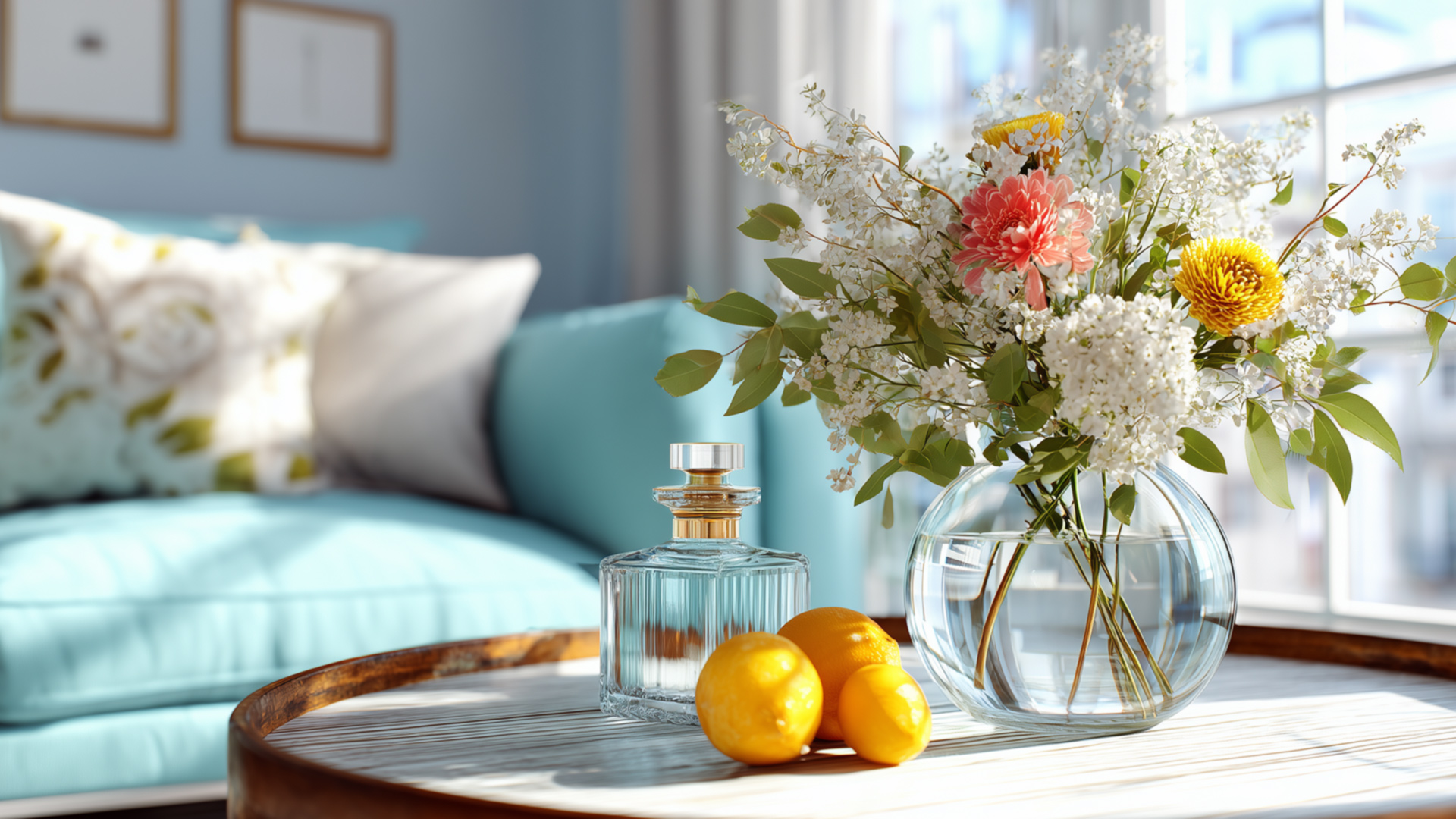 Flower vase with colorful blooms on a table.
