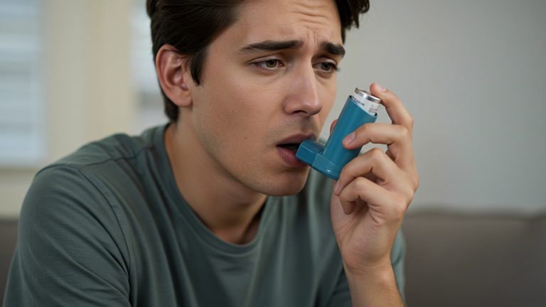 A young man is using an asthma inhaler.