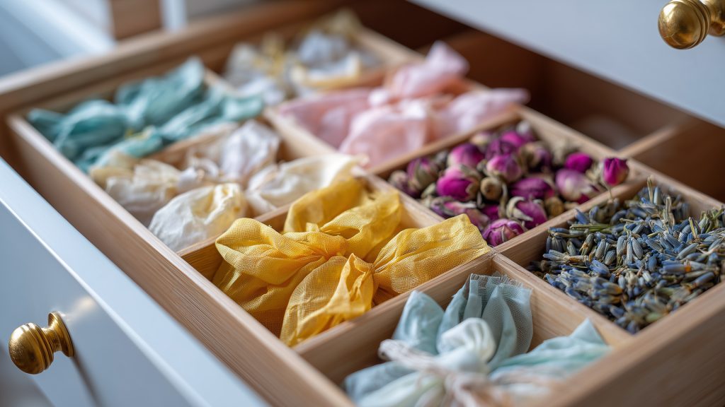 Drawer with colorful scented sachets and dried flowers.
