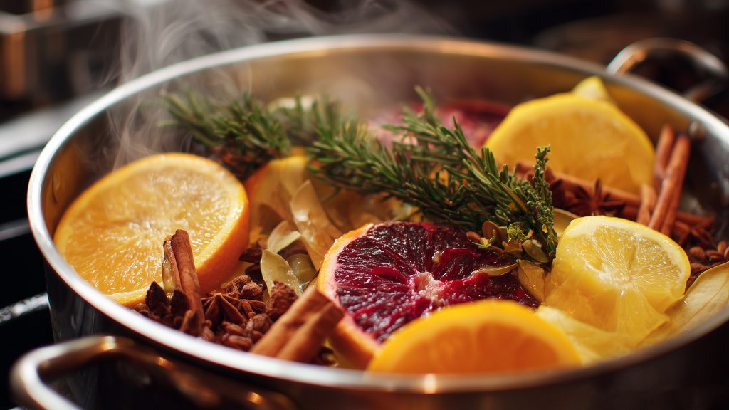 Pot simmering with citrus and spices for fragrance.
