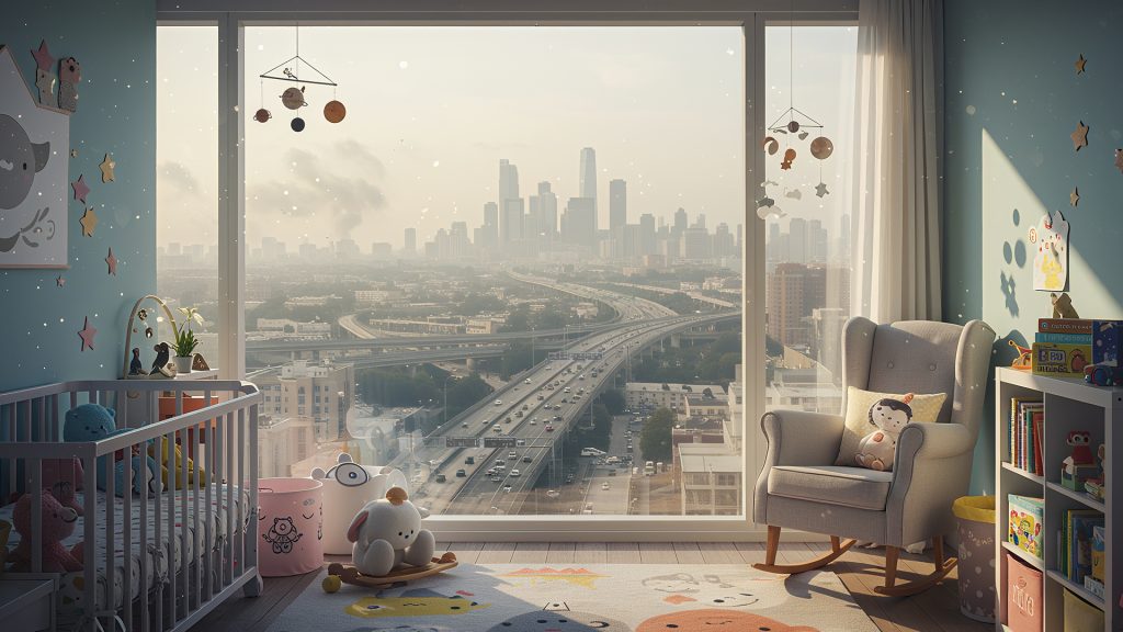 City pollution seen from baby’s nursery window.