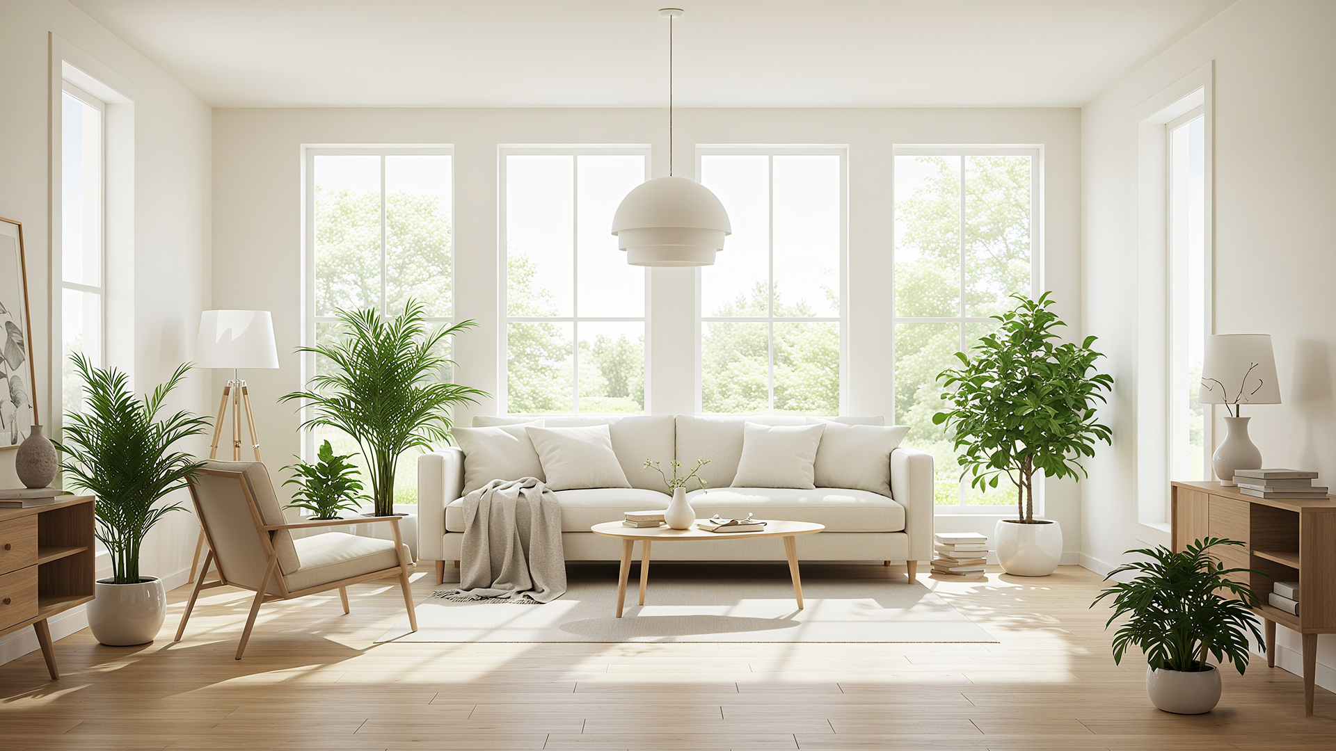 A bright, well-lit, and clean living room with large windows, showing good ventilation and fresh air flow.