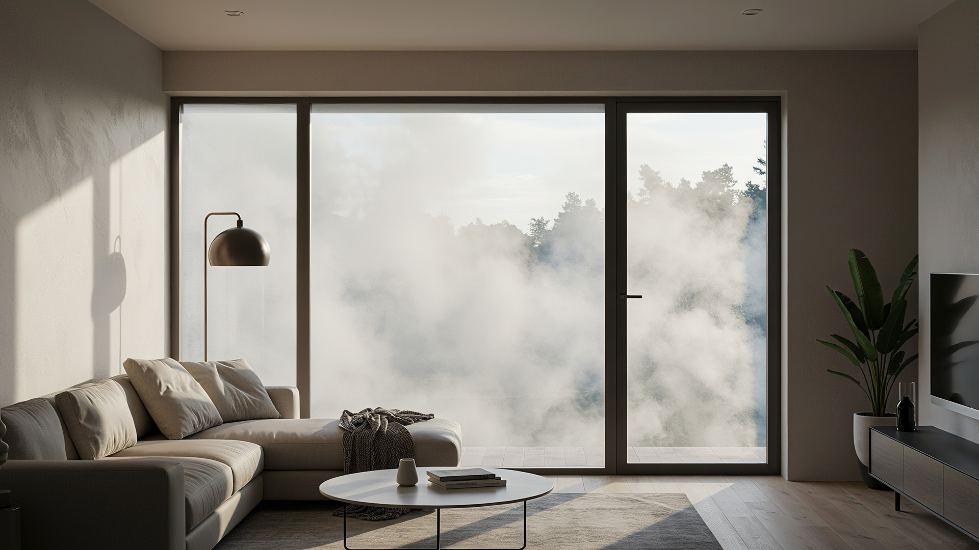 a home interior with a subtle haze of smoke outside the windows, suggesting wildfire smoke