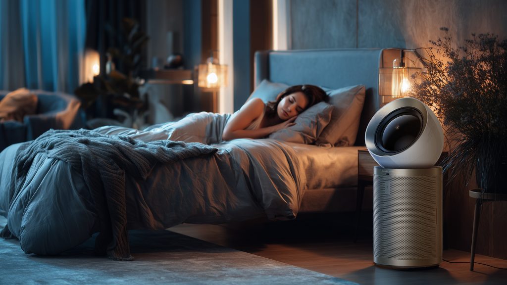 Woman sleeping in modern bedroom with smart air purifier for better sleep.