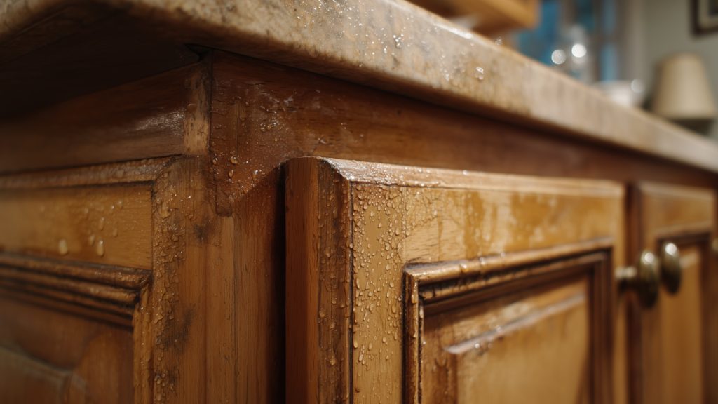 A close-up of a wooden cabinet with noticeable water droplets, indicating a possible leak or moisture damage.
