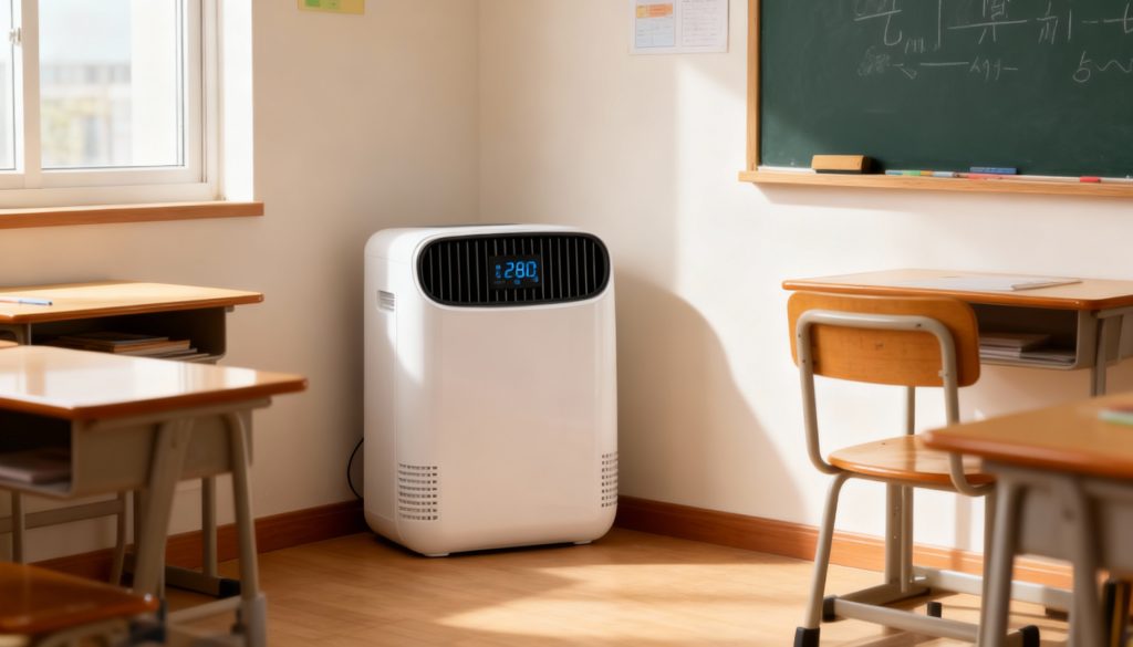 An activated carbon air purifier working in the corner of a school classroom to provide clean, healthy air for students and teachers.