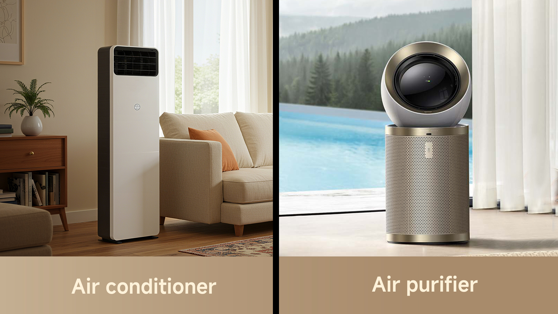 A split image shows a tall, sleek white air conditioner on the left in a living room and a modern, round air purifier on the right next to a swimming pool.