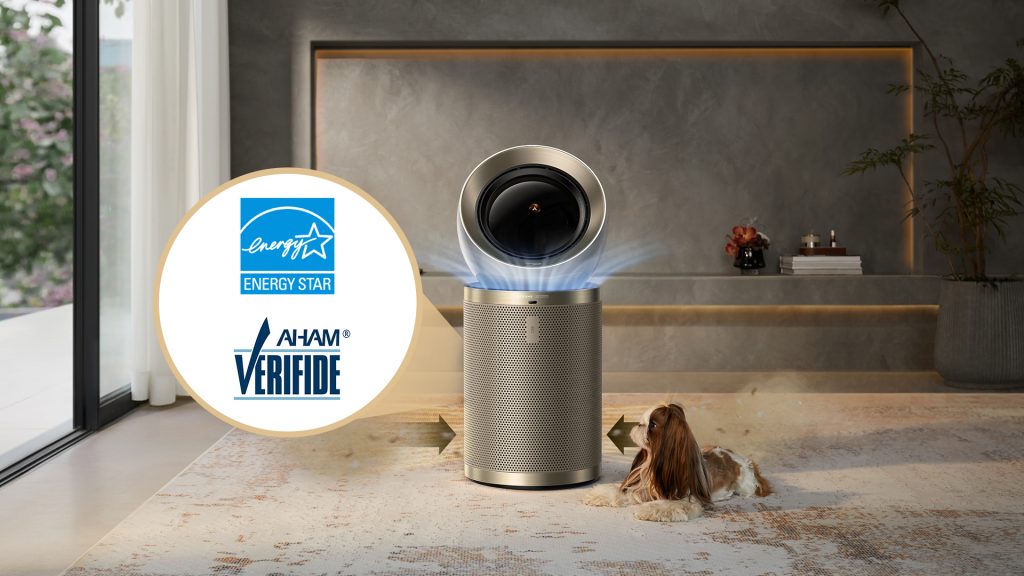 A modern air purifier with a small dog nearby, featuring the AHAM Verifide and Energy Star logos to show certification and efficiency.