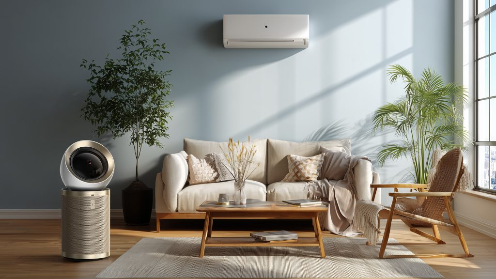 A stylish air purifier sits in a modern living room with a light blue wall, a couch, a wall-mounted air conditioner, and plants.
