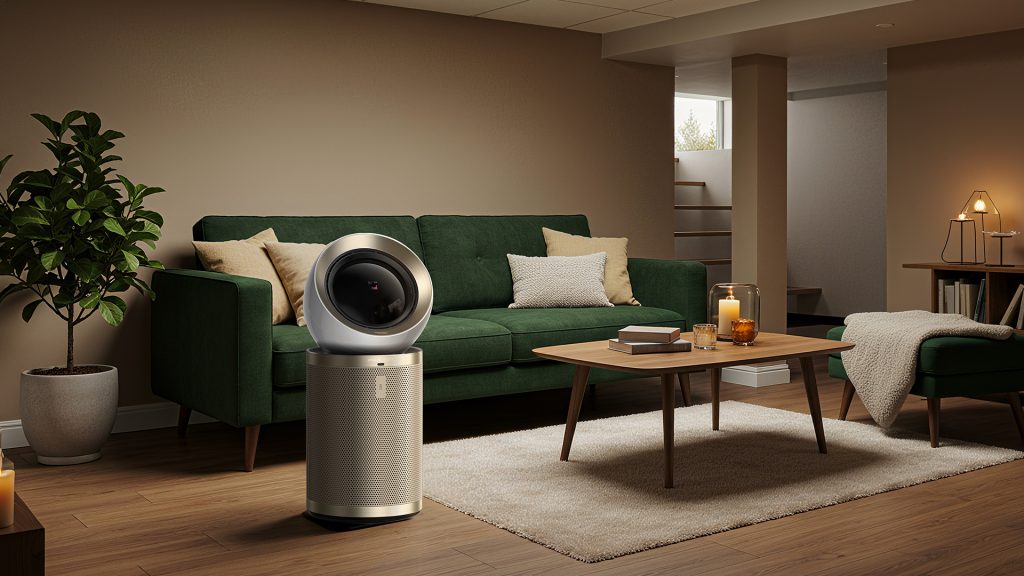 An air purifier in a basement with a green sofa, a coffee table, and soft lighting.