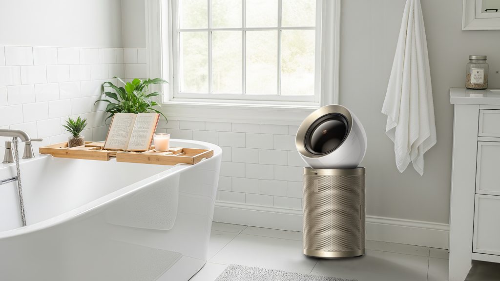 A close-up shot of an air purifier positioned in a clean, white bathroom next to a bathtub.