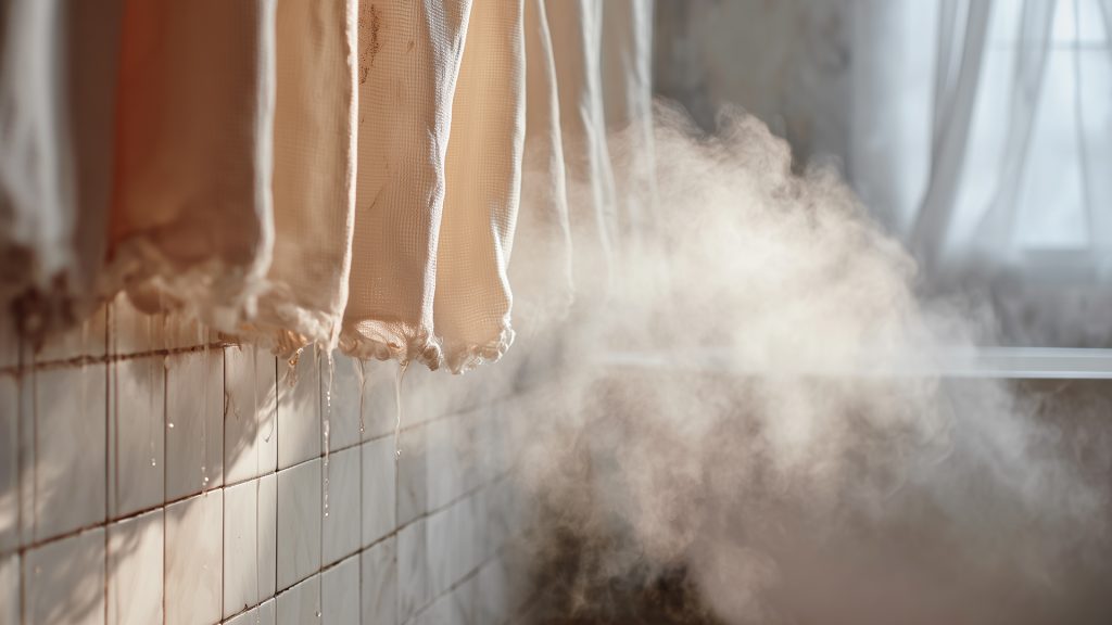Freshly steamed towels hanging in a bathroom to remove odors and keep the space clean naturally.