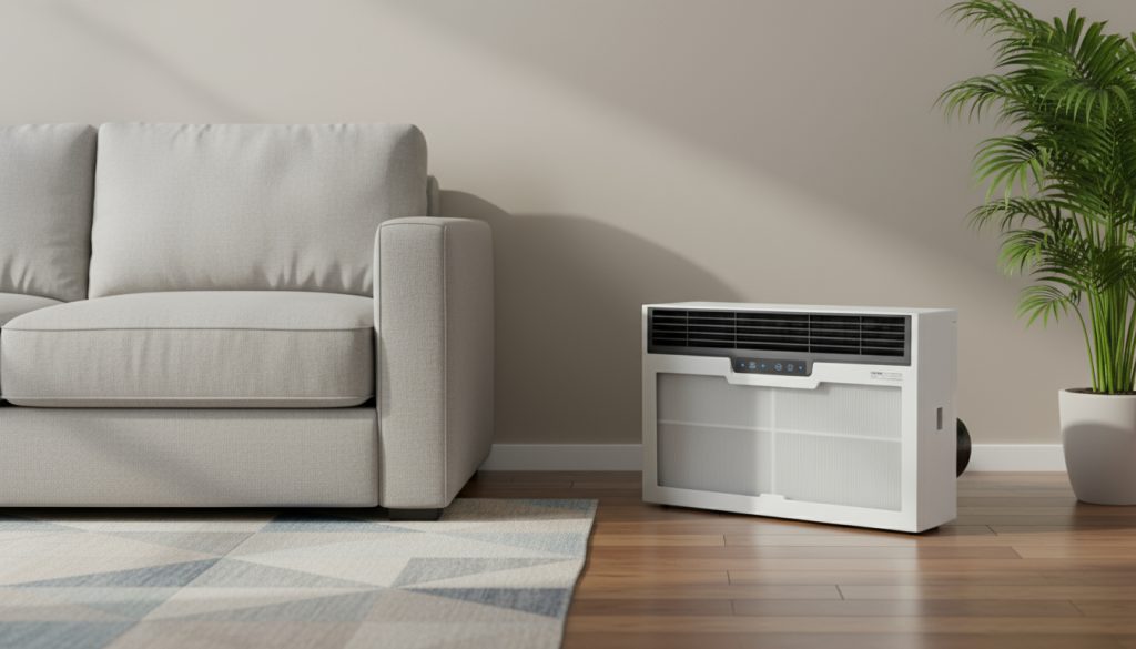 A powerful HEPA air purifier for removing allergens and dust, placed on the floor of a modern living room next to a grey sofa.