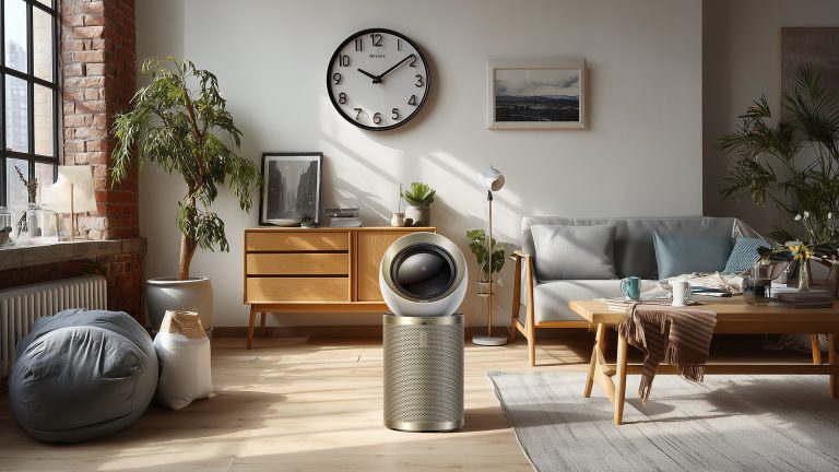 an image of an air purifier with a clock on the wall in the background