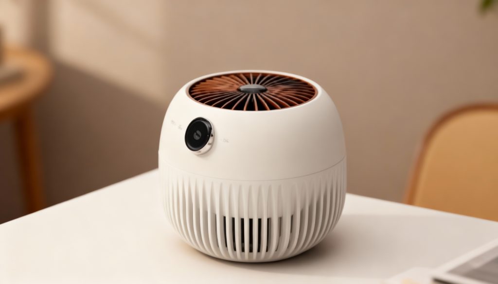 A compact ionic air purifier, one of the smaller types of air purifiers, sitting on a white desk to clean the air in a personal space.
